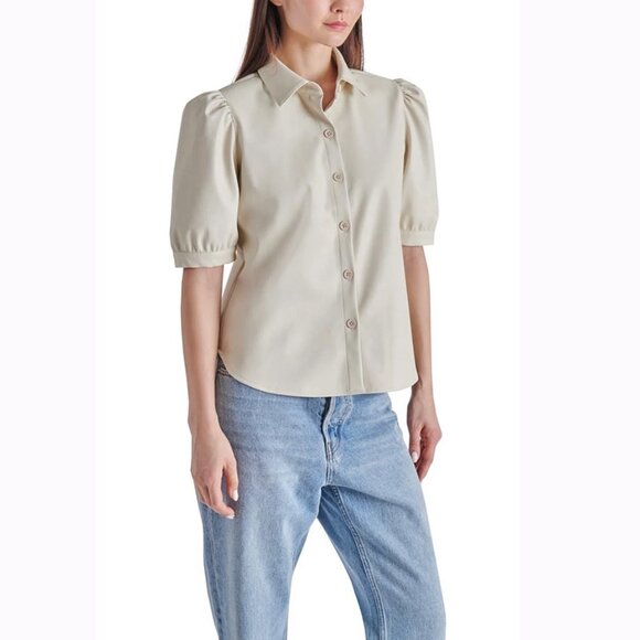 Faux Leather Puff Sleeve Button Front Top in Bone - Picture 10 of 12